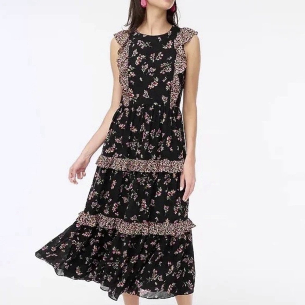 Black Floral Tiered Midi Dress